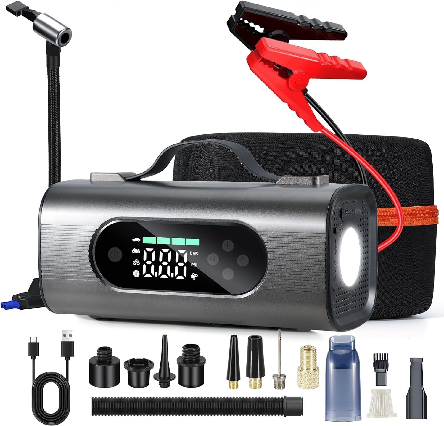 8-in-1 Car Jump Starter Kit – 1000A Power Bank with Air Compressor, Vacuum, LED Light & USB Charging