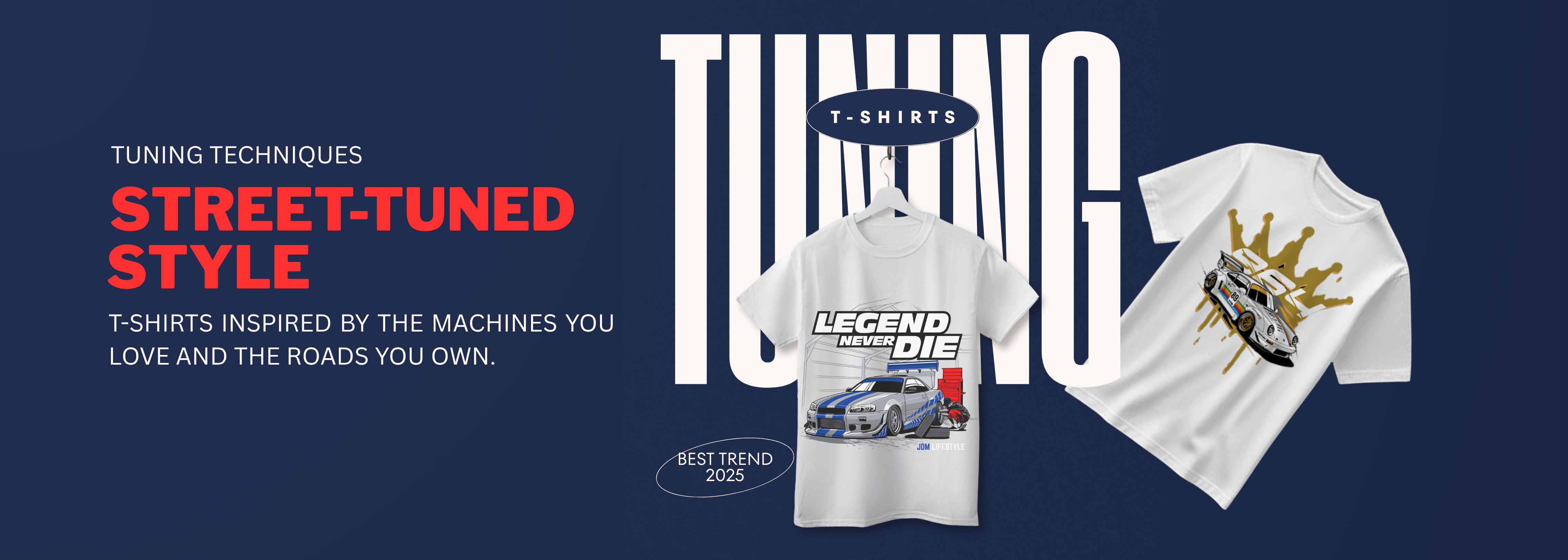 Two white t-shirts with car graphics and text on a blue background with promotional text.