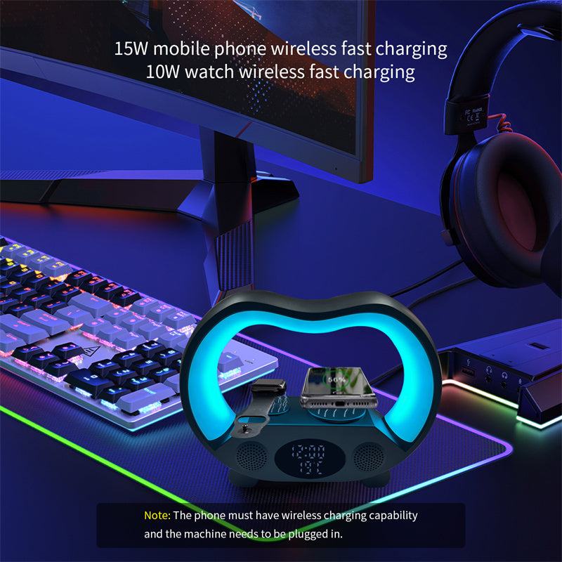 2025 New 6-in-1 Smart Bluetooth Charging Station – Wireless Charger, Speaker, Clock & RGB Lamp