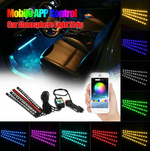 Bluetooth RGB LED Car Interior Light Kit – 4PCS App-Controlled Strip Lights (48 LEDs)