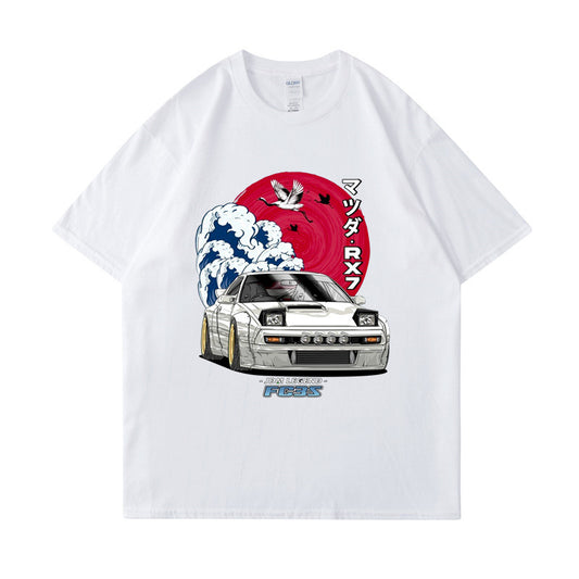 Cartoon Car Printed RX-7 Short Sleeve Men's Loose Half Sleeve Crew Neck T-shirt