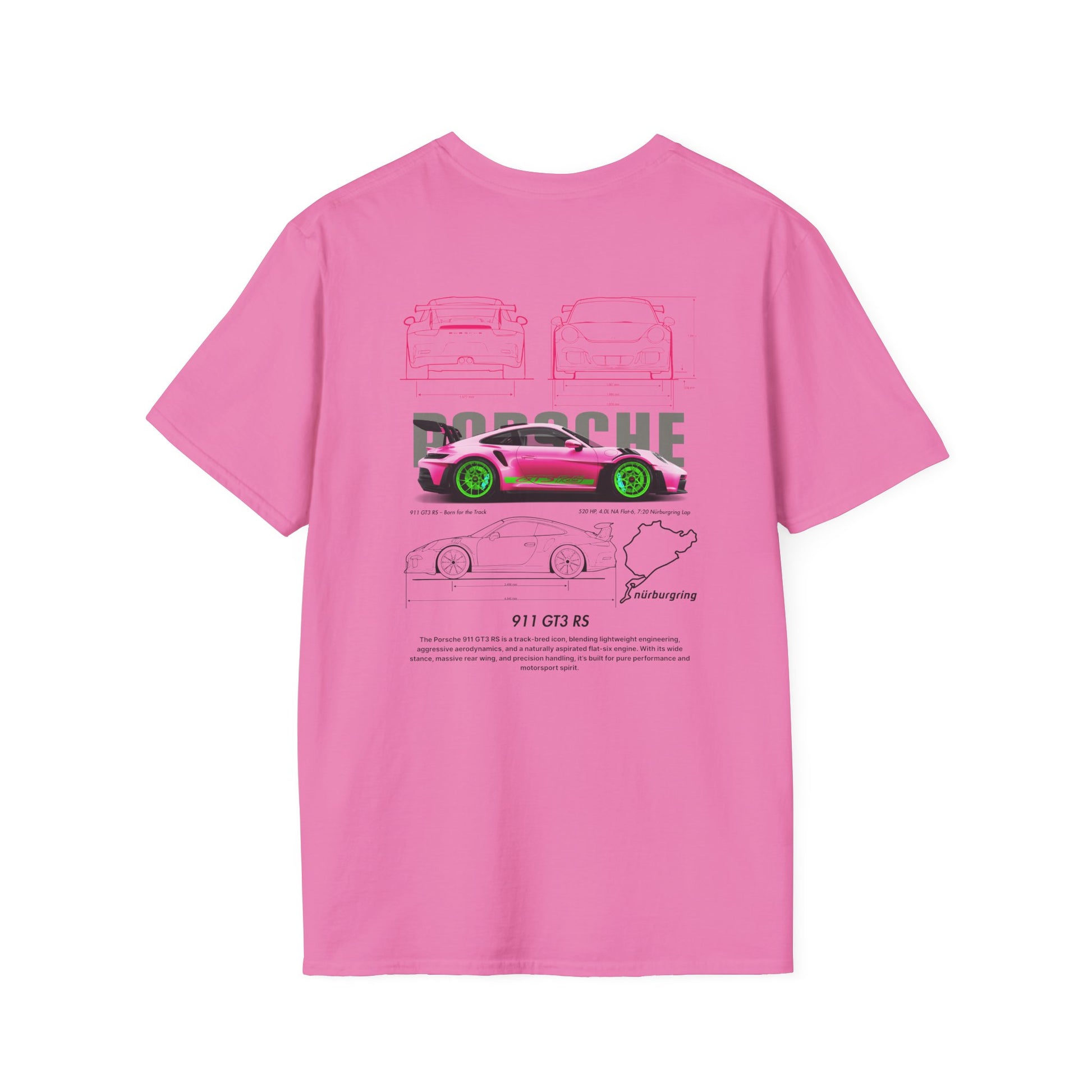 Pink t-shirt with Porsche car design on a white background