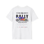 White t-shirt with rally car graphic and text on a white background