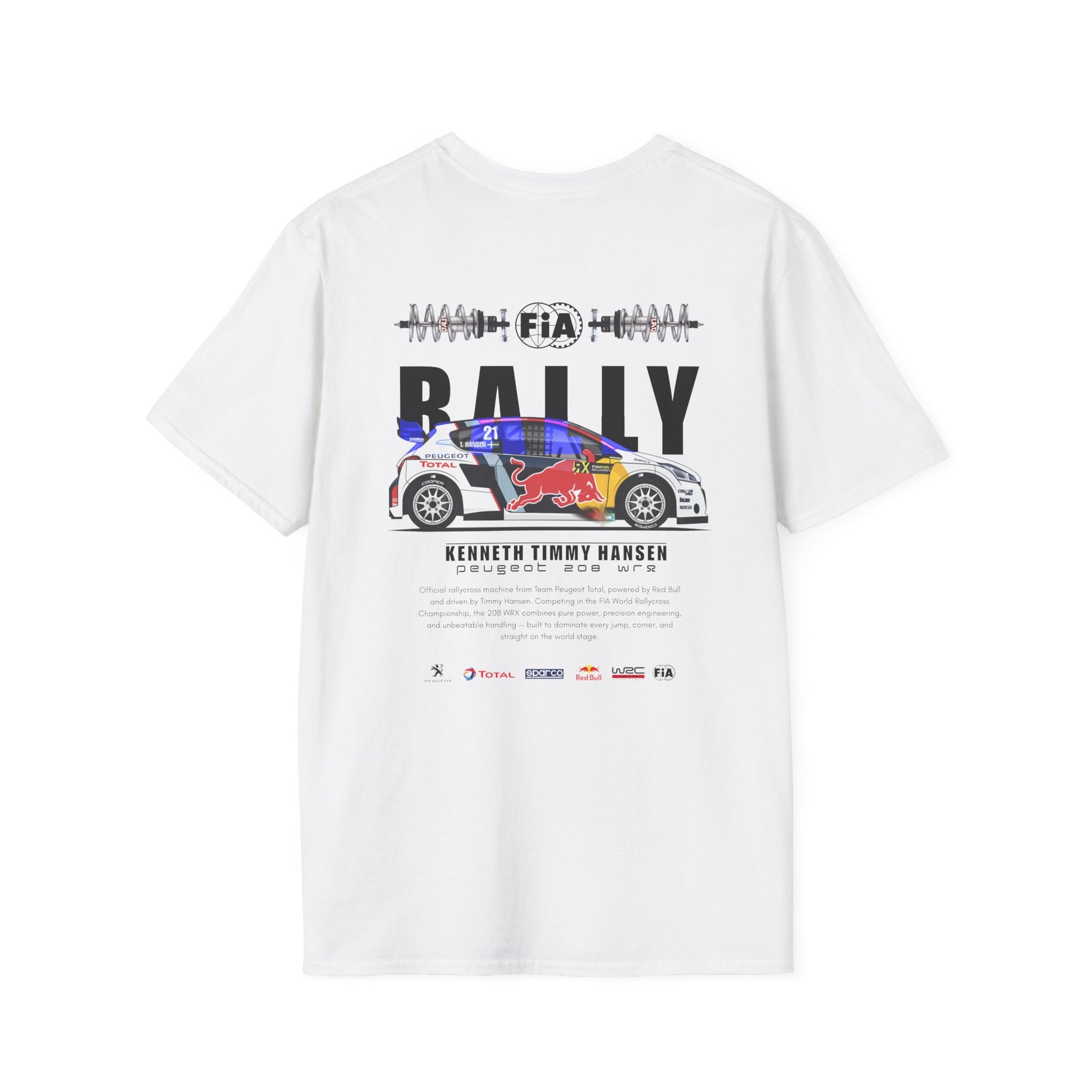 White t-shirt with rally car graphic and text on a white background