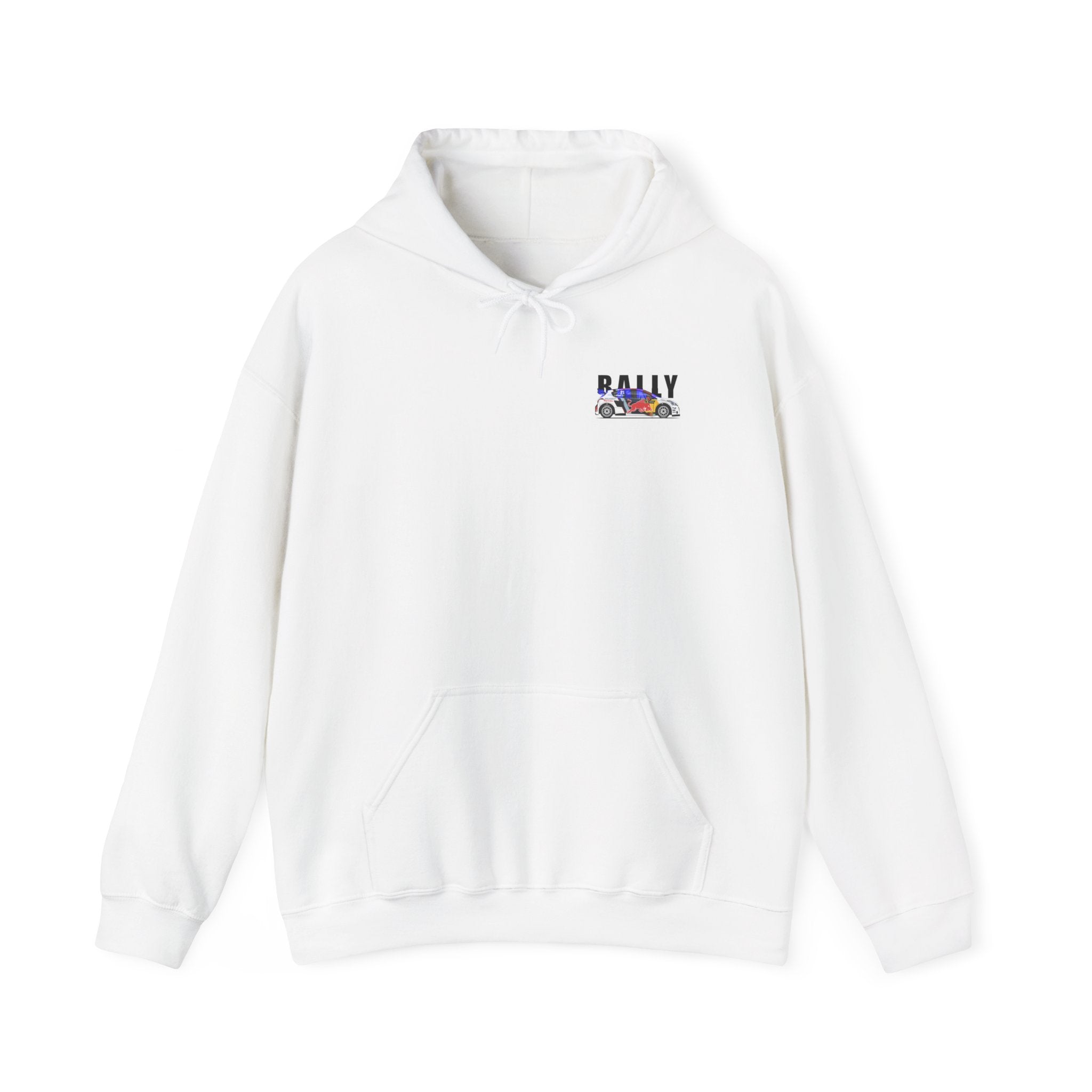 White hoodie with a logo on the chest against a white background