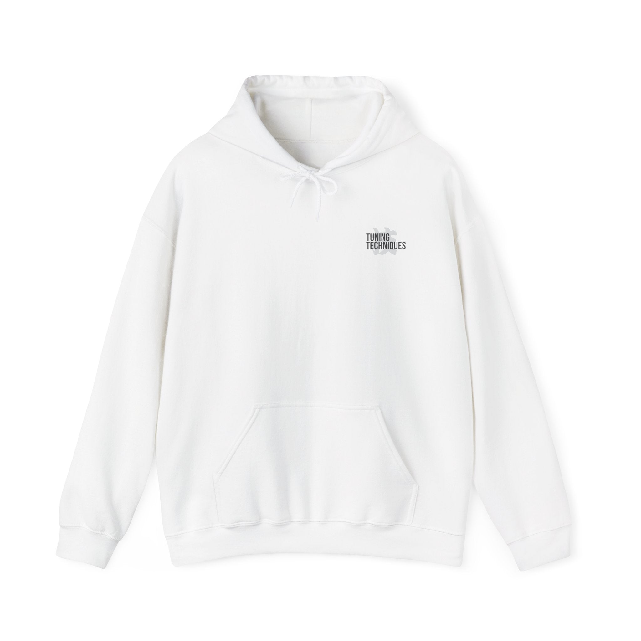White hoodie with a small logo on the chest against a white background