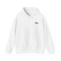 White hoodie with a small logo on the chest against a white background