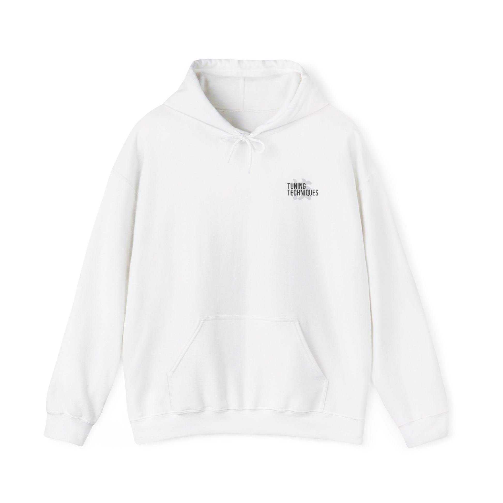 White hoodie with a small logo on the chest against a white background
