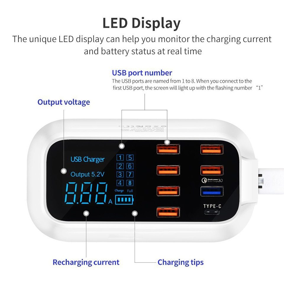 8-Port Quick Charge 3.0 USB Desktop Charger with LED Display – Type-C & Smart IC Technology