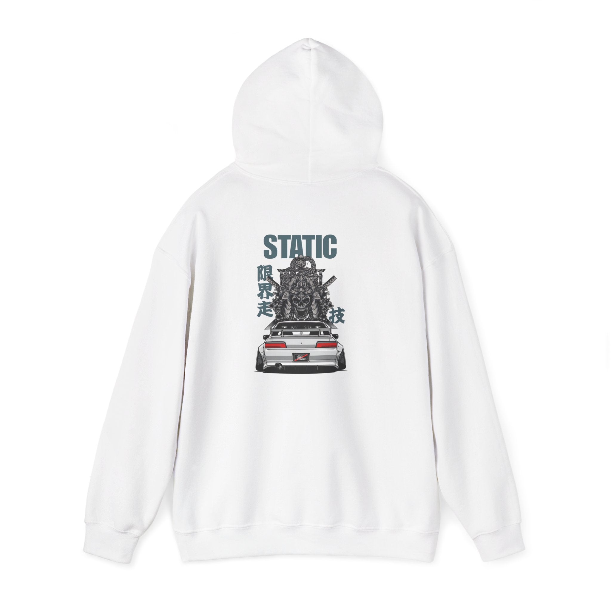 White hoodie with graphic design and 'STATIC' text on a white background