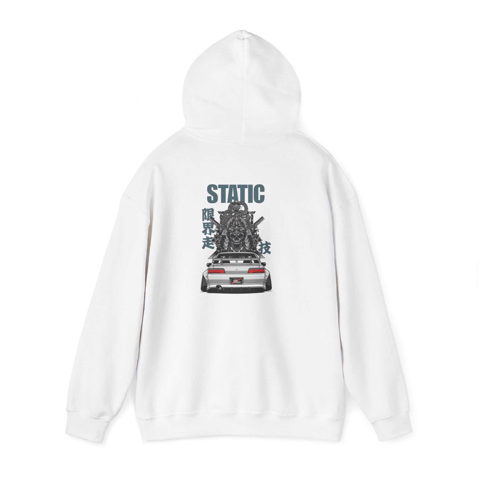 White hoodie with graphic design and 'STATIC' text on a white background