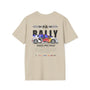 Beige t-shirt with rally car graphic and text on a white background