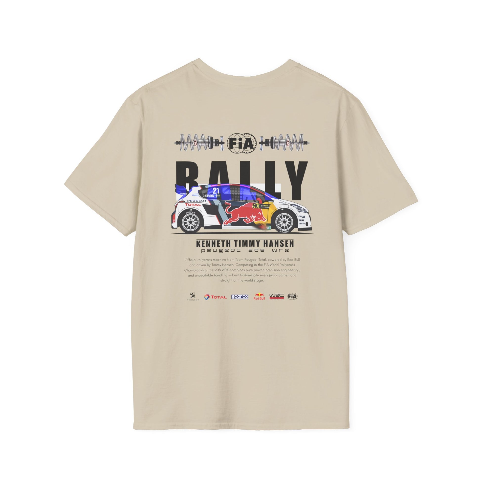 Beige t-shirt with rally car graphic and text on a white background