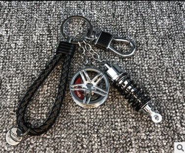 Stylish Car Keychain - Wheel & Shock Absorber Design with Braided Rope & Waist Buckle, Gift Packed