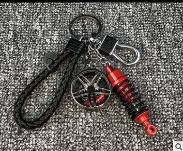 Stylish Car Keychain - Wheel & Shock Absorber Design with Braided Rope & Waist Buckle, Gift Packed