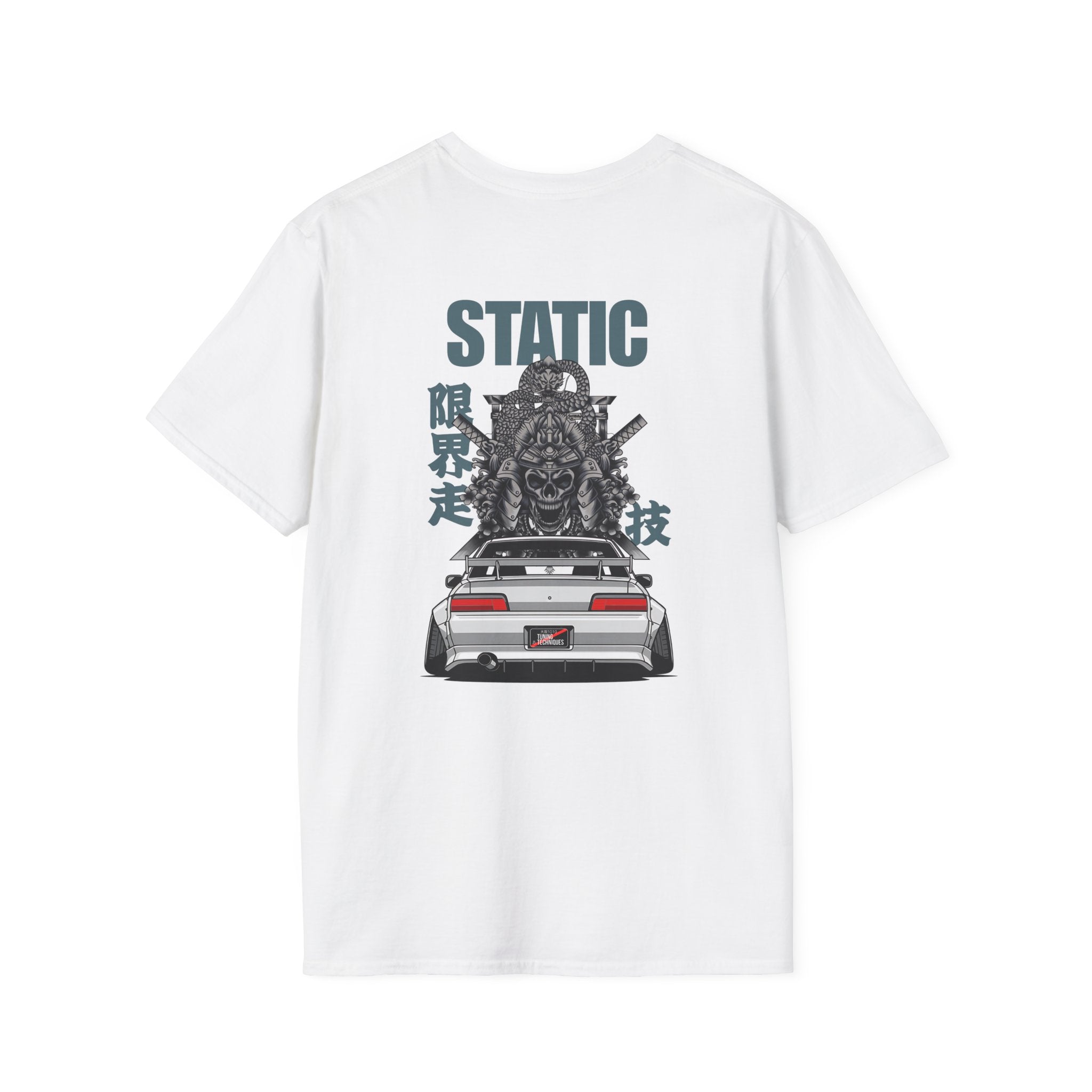 White t-shirt with a graphic design of a car and text on a white background