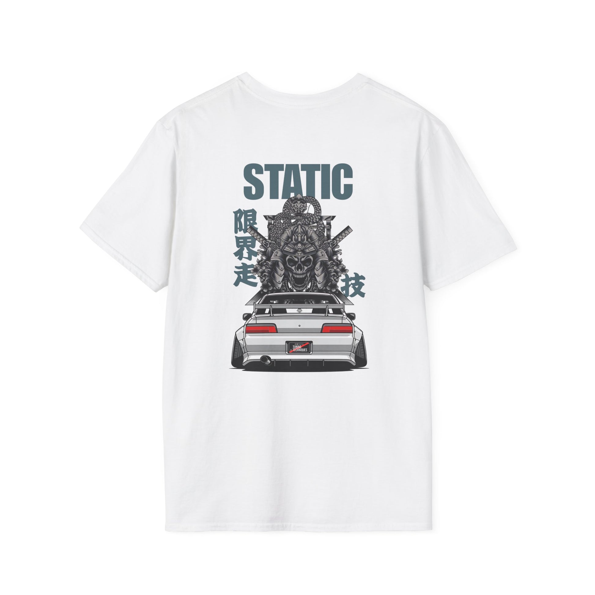 White t-shirt with a graphic design of a car and text on a white background