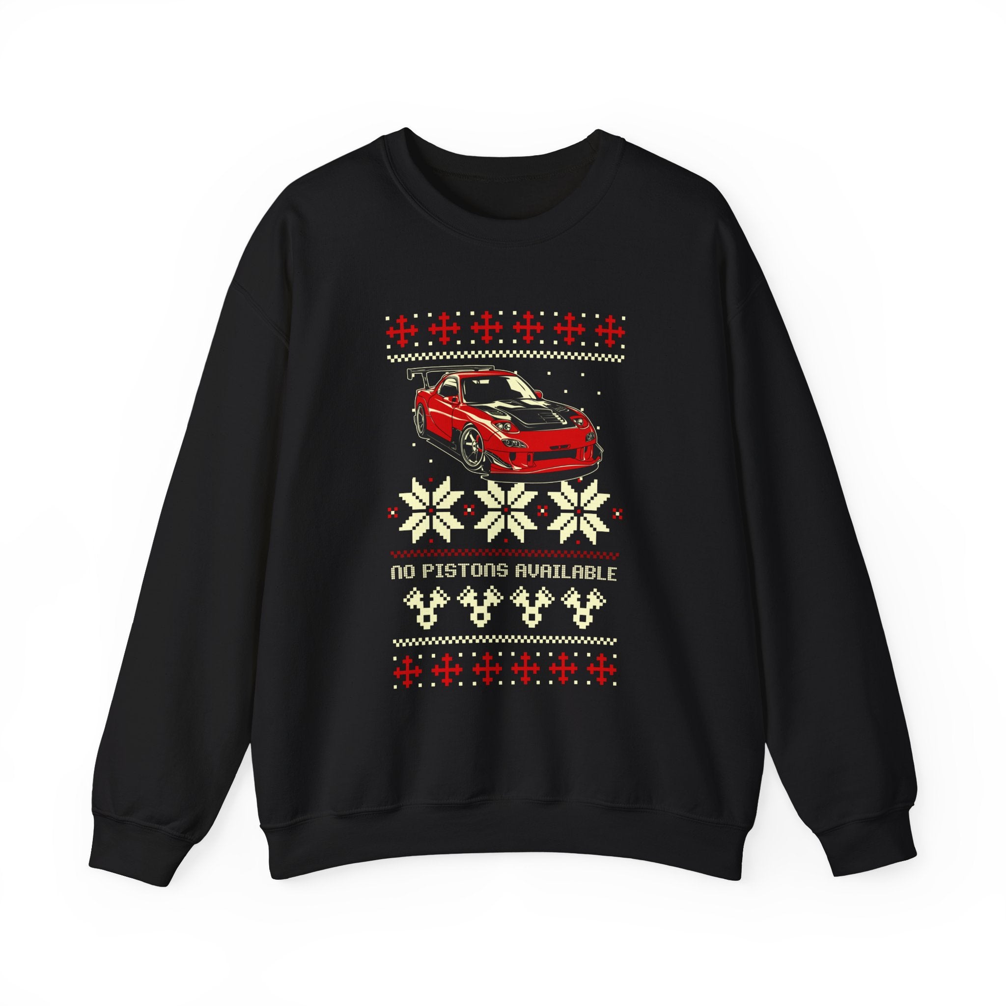 Black sweatshirt with a red car design and text on a white background