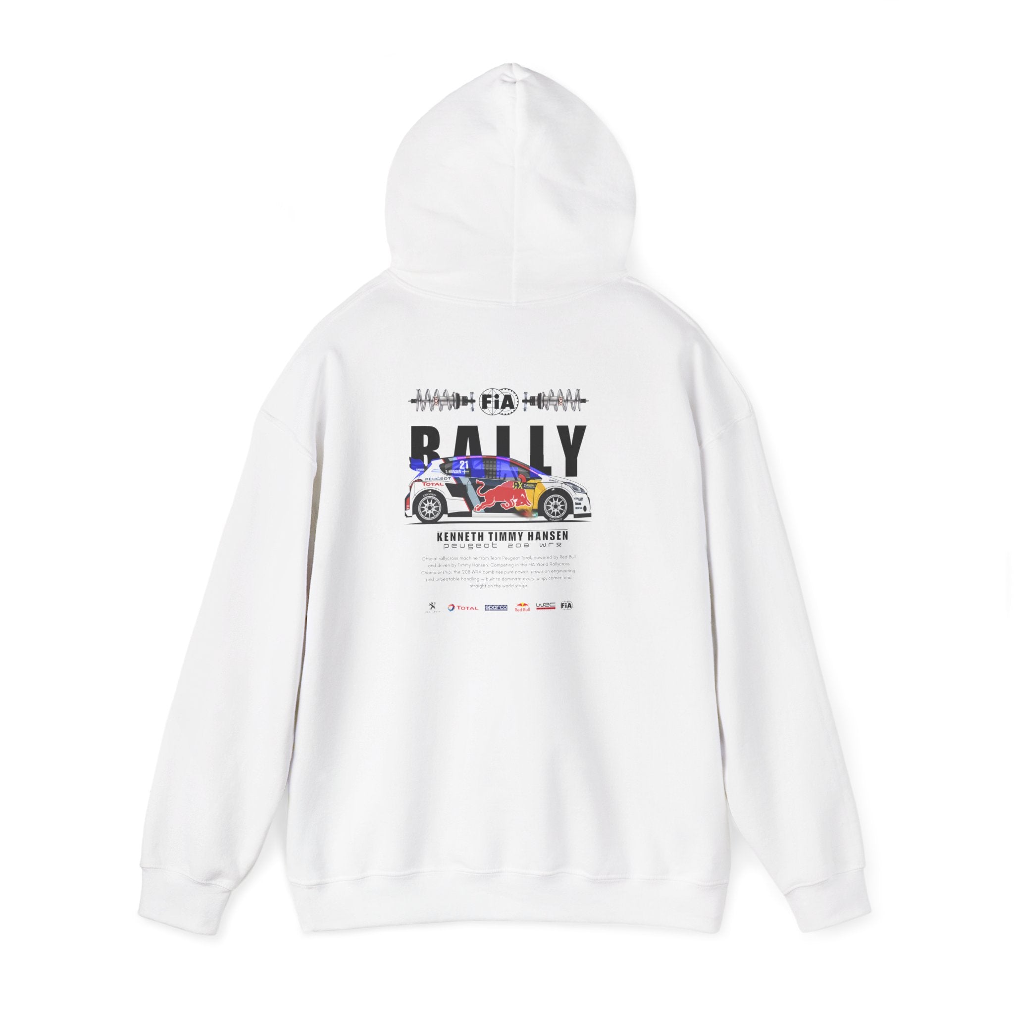 White hoodie with rally car design and text on a white background
