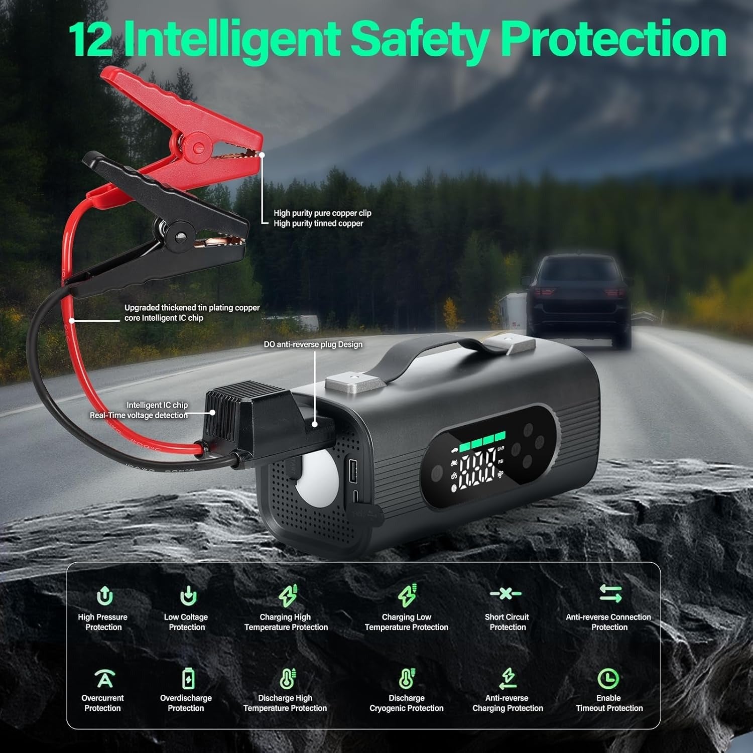 8-in-1 Car Jump Starter Kit – 1000A Power Bank with Air Compressor, Vacuum, LED Light & USB Charging