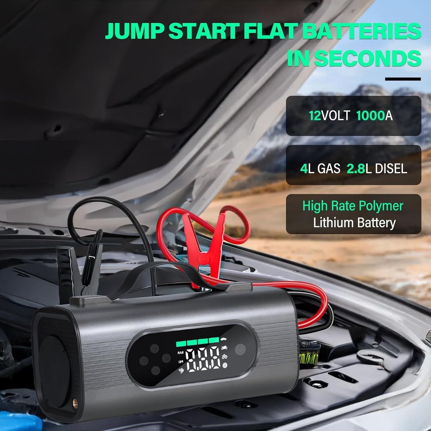 8-in-1 Car Jump Starter Kit – 1000A Power Bank with Air Compressor, Vacuum, LED Light & USB Charging