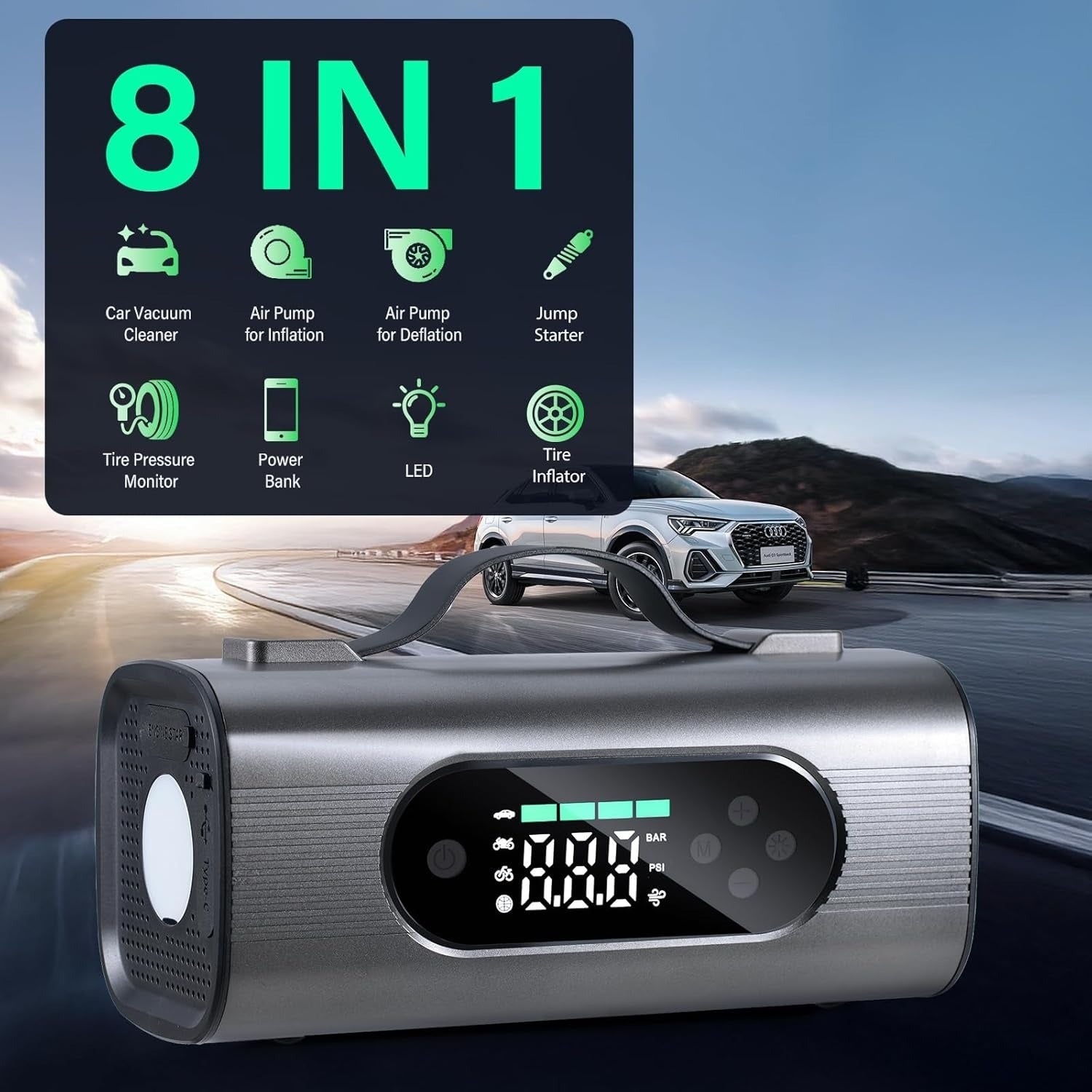 8-in-1 Car Jump Starter Kit – 1000A Power Bank with Air Compressor, Vacuum, LED Light & USB Charging