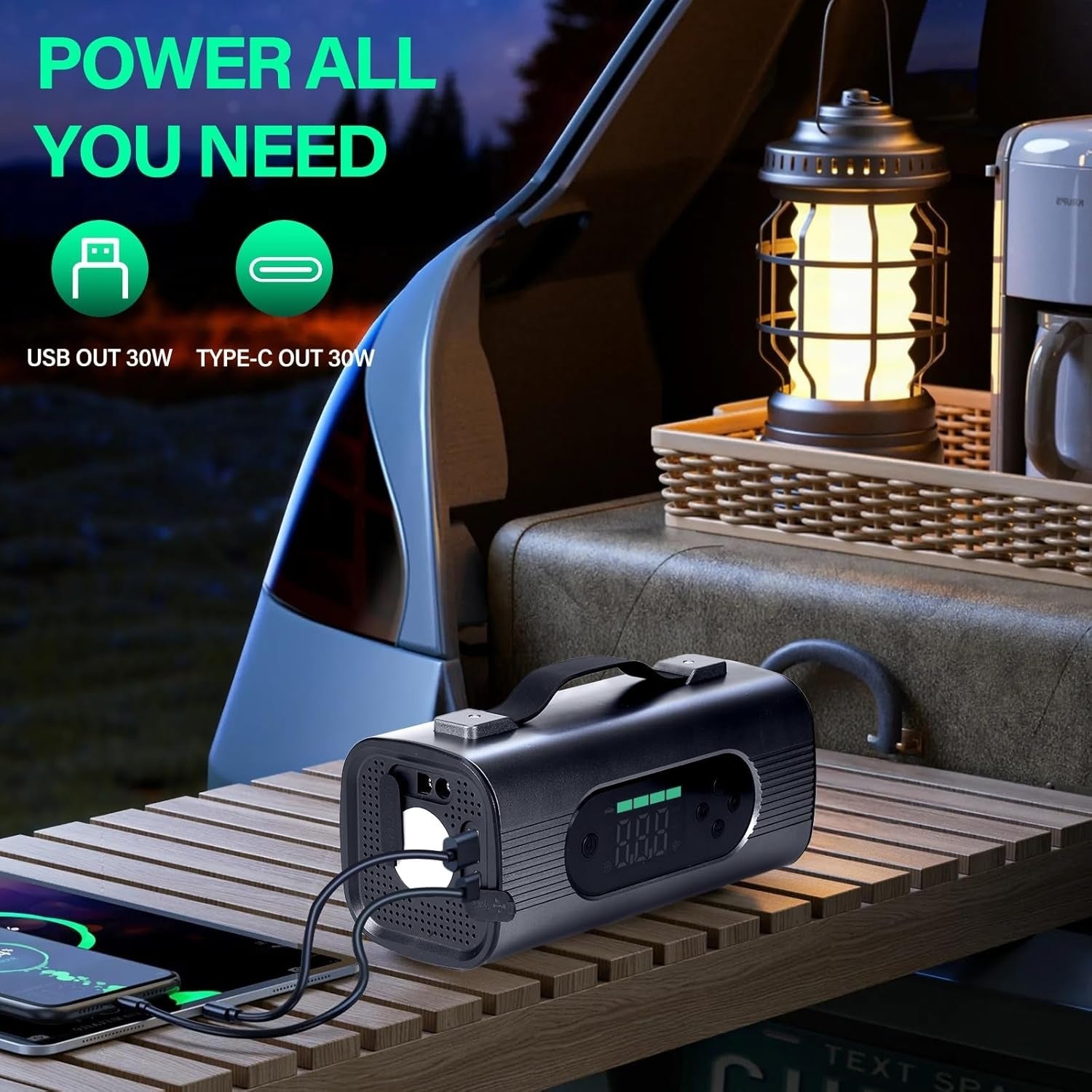 8-in-1 Car Jump Starter Kit – 1000A Power Bank with Air Compressor, Vacuum, LED Light & USB Charging