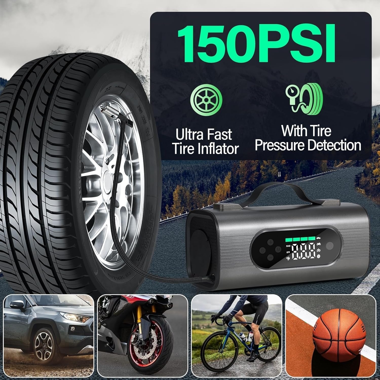 8-in-1 Car Jump Starter Kit – 1000A Power Bank with Air Compressor, Vacuum, LED Light & USB Charging