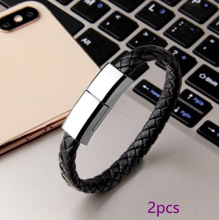 Leather Bracelet Charging Cable – USB Type-C / Lightning / Micro-USB Data Cable (20–22.5cm)