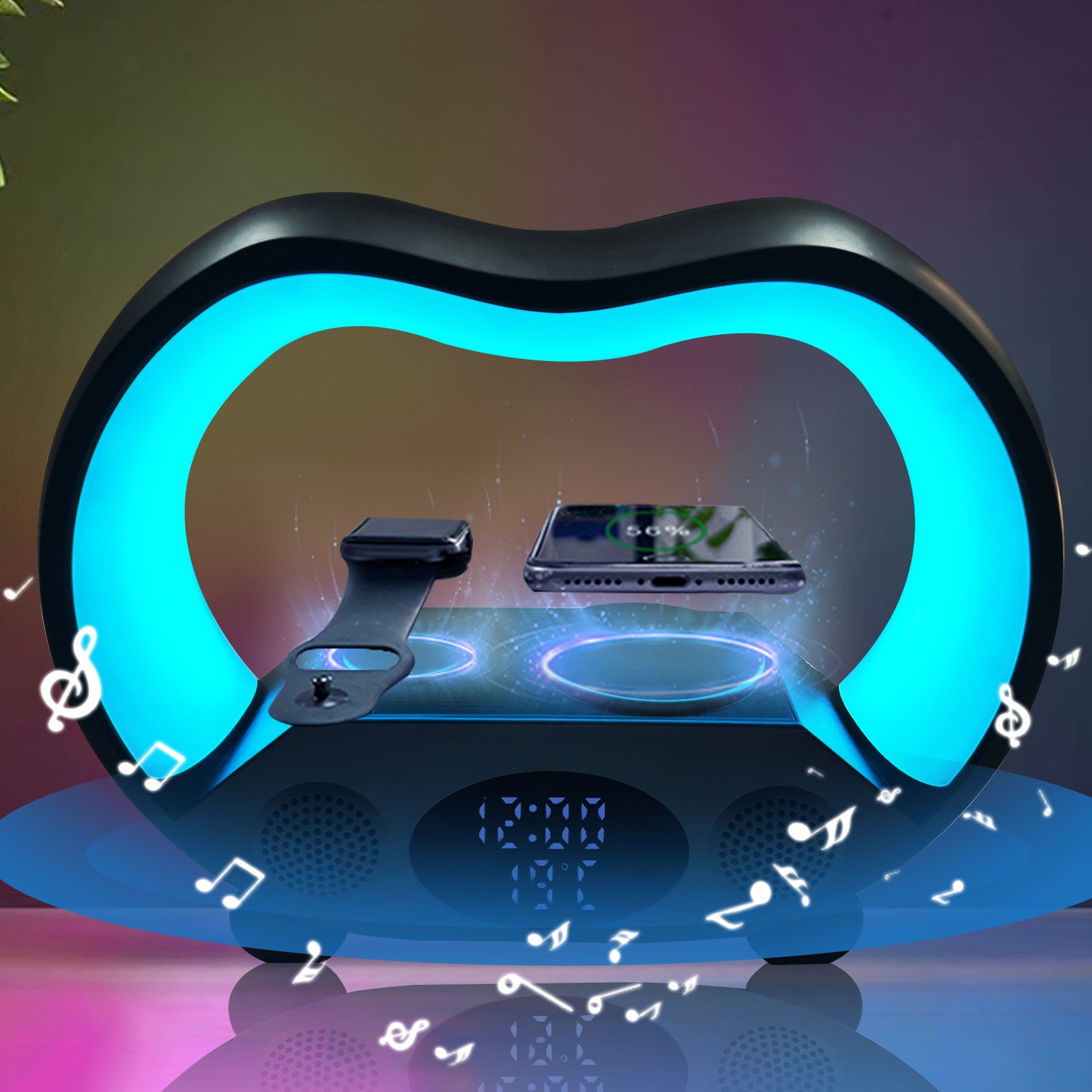 2025 New 6-in-1 Smart Bluetooth Charging Station – Wireless Charger, Speaker, Clock & RGB Lamp