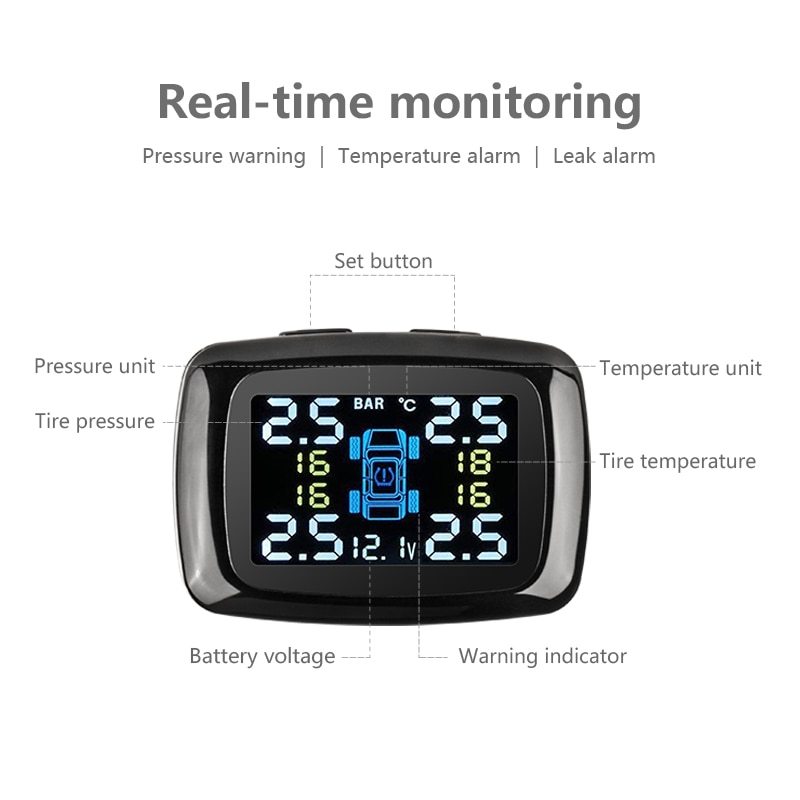 Tire Pressure and Temperature Monitoring System with LCD Display