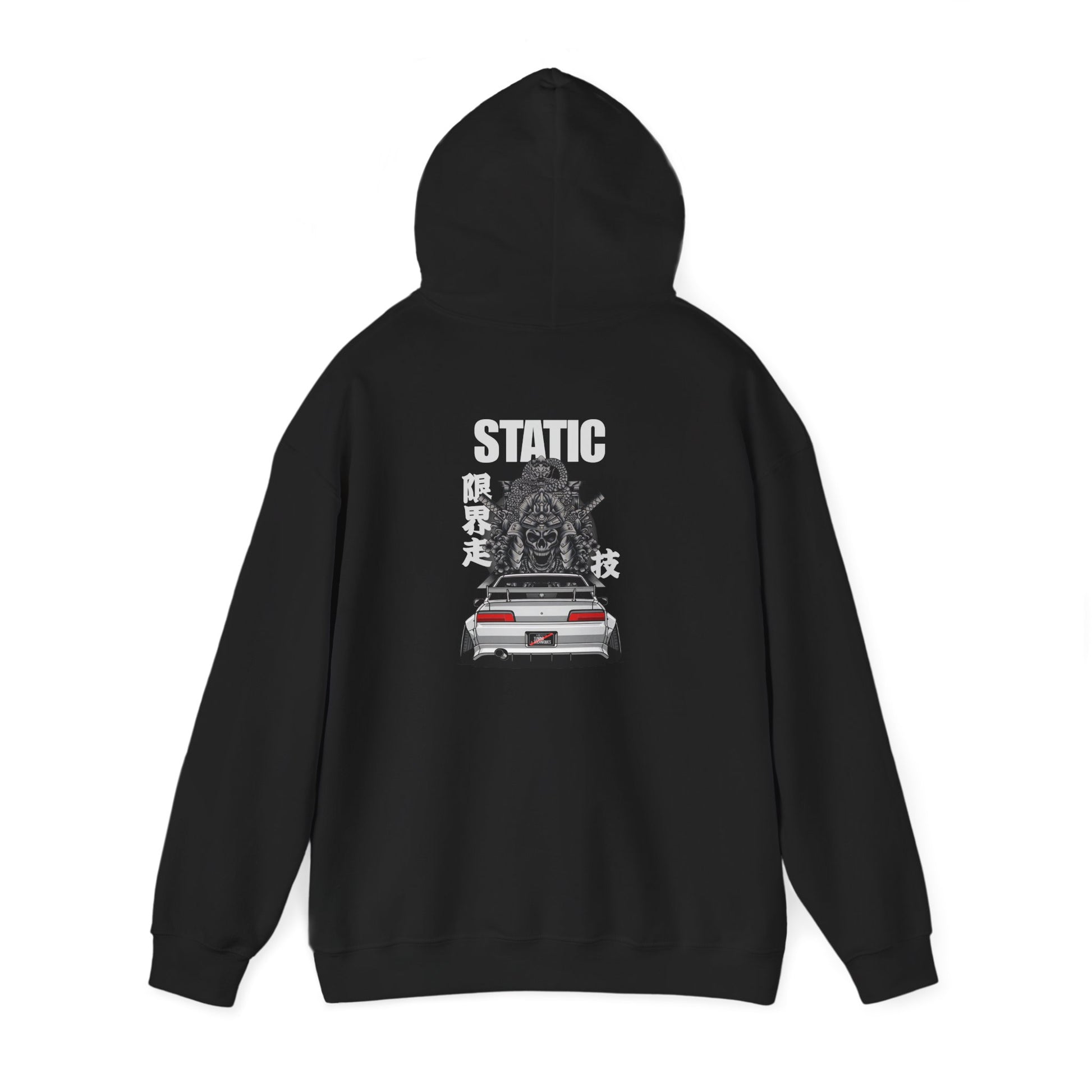 Black hoodie with a graphic design on the back featuring the word 'STATIC' and a car illustration.