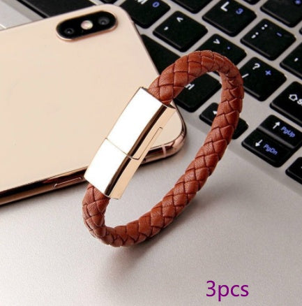 Leather Bracelet Charging Cable – USB Type-C / Lightning / Micro-USB Data Cable (20–22.5cm)