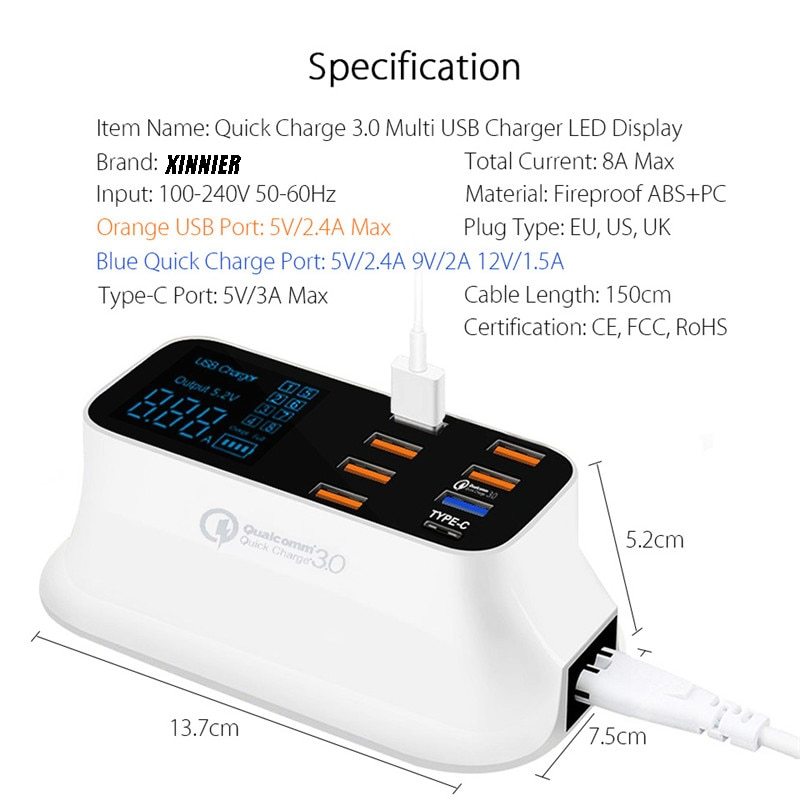 8-Port Quick Charge 3.0 USB Desktop Charger with LED Display – Type-C & Smart IC Technology