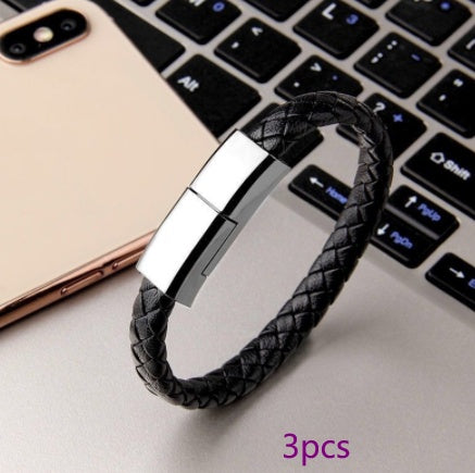 Leather Bracelet Charging Cable – USB Type-C / Lightning / Micro-USB Data Cable (20–22.5cm)