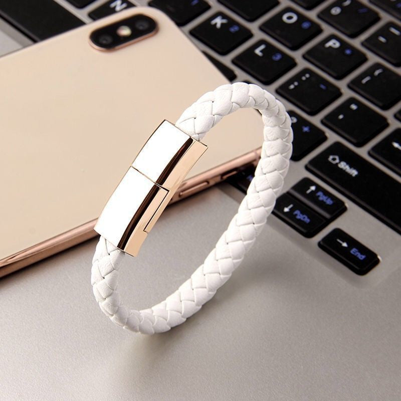 Leather Bracelet Charging Cable – USB Type-C / Lightning / Micro-USB Data Cable (20–22.5cm)