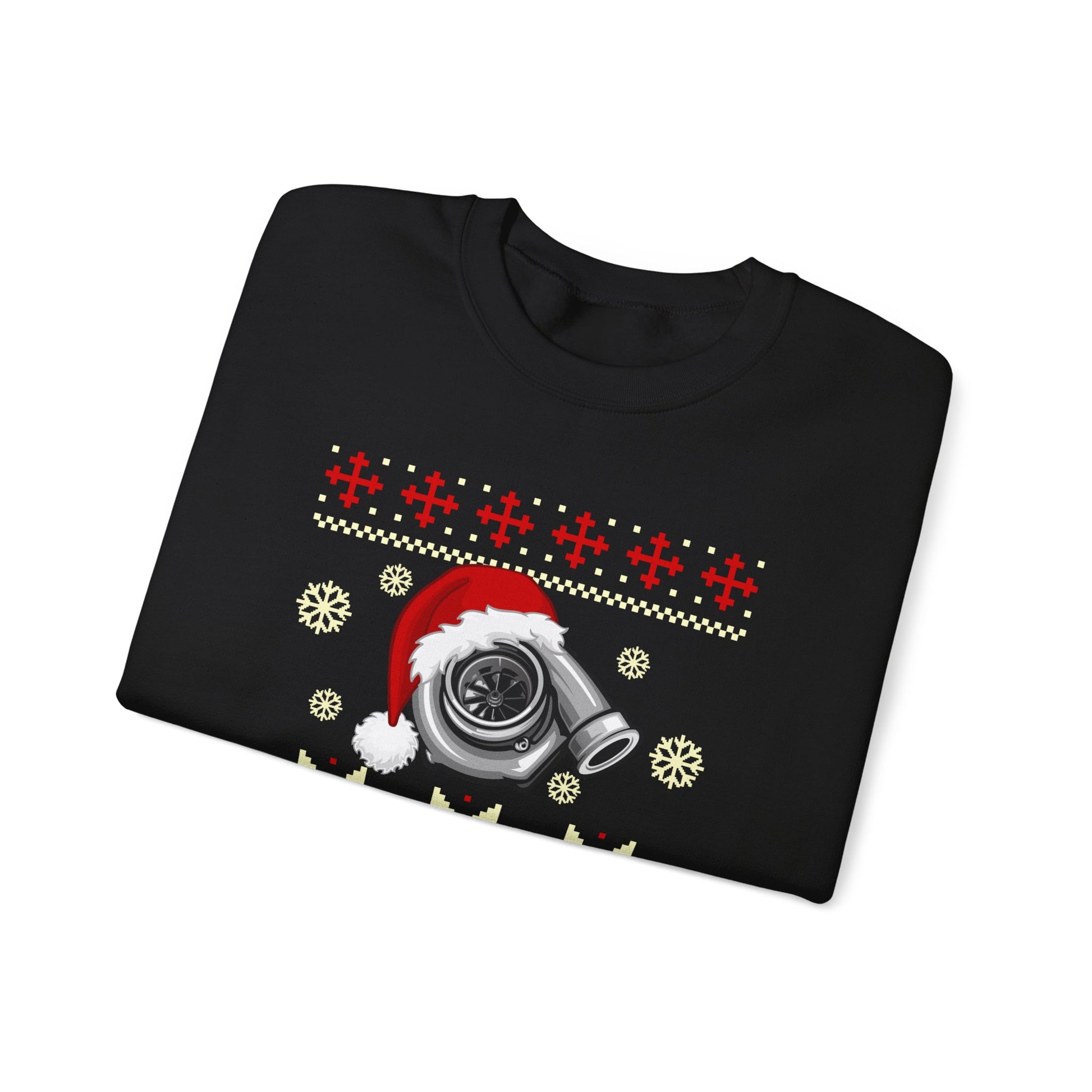 Black sweater with a Christmas-themed design featuring a camera and Santa hat on a white background