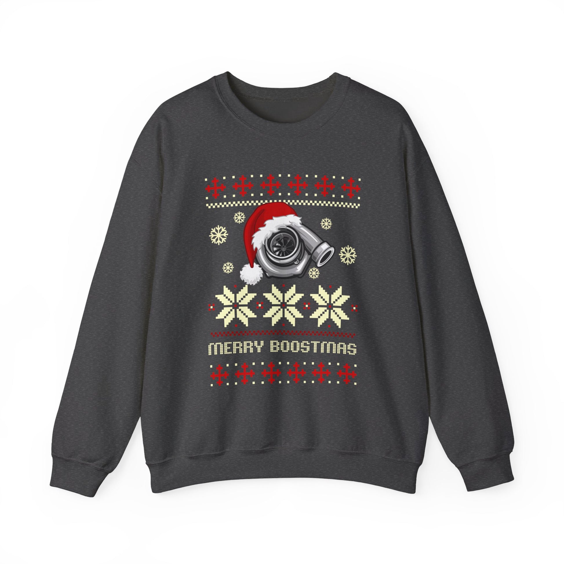 Black sweatshirt with Christmas-themed design featuring a camera lens and 'Merry Boostmas' text on a white background.