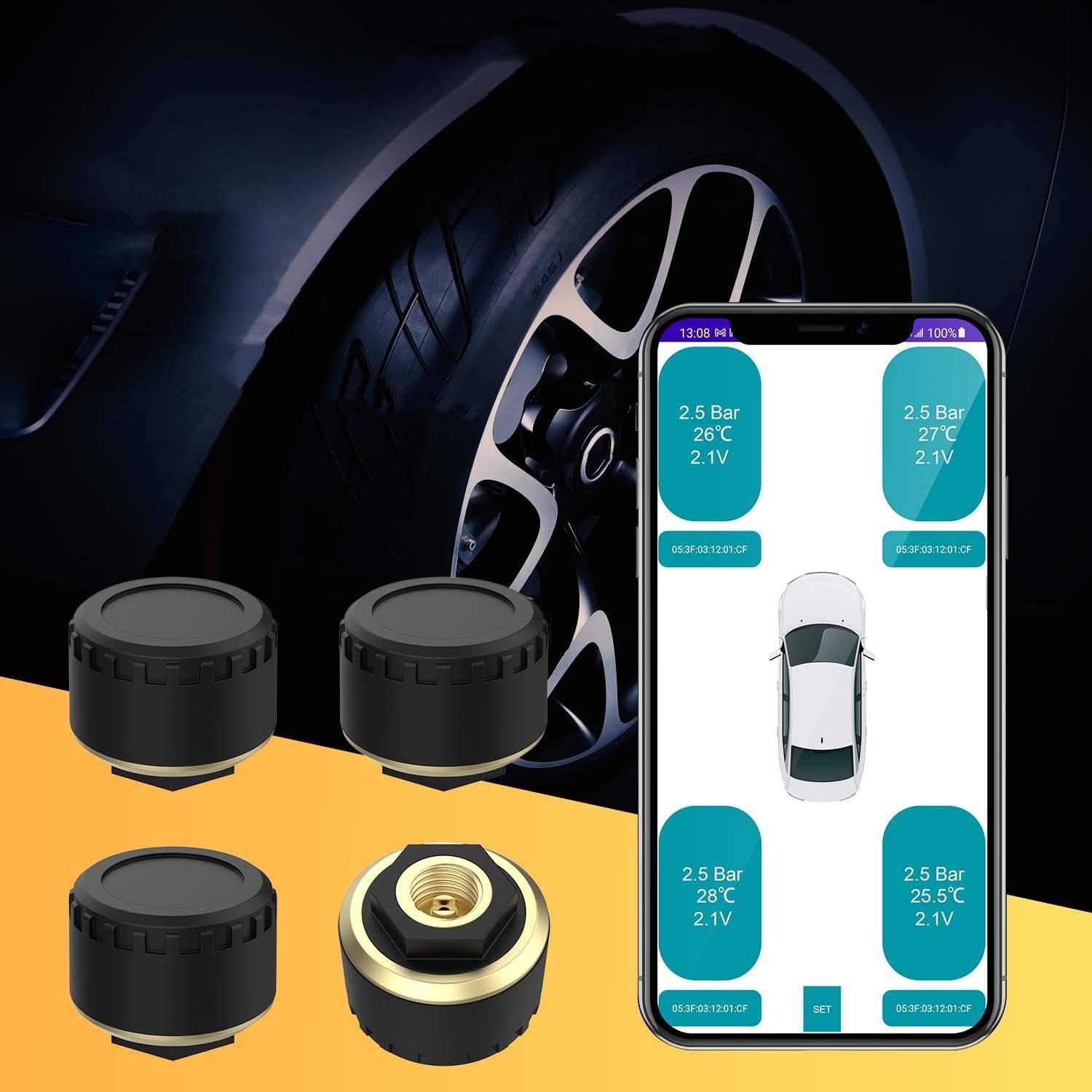 Bluetooth TPMS Tire Pressure Monitoring Sensors – 4-Pack, Wireless App Control, IP67 Waterproof