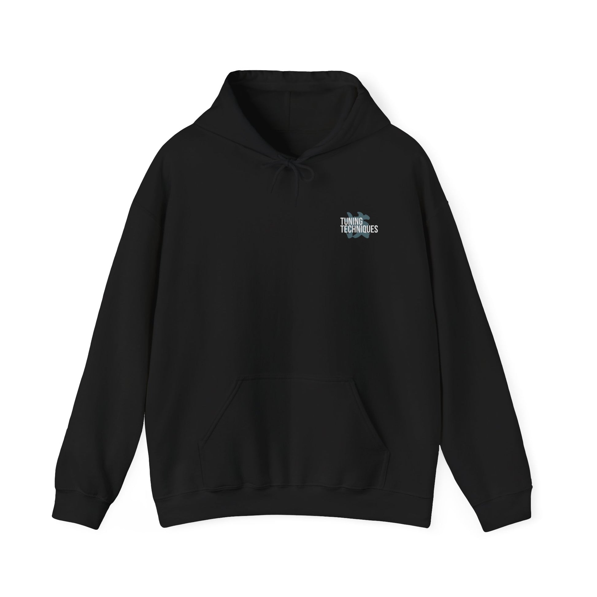 Black hoodie with a small logo on the chest against a white background