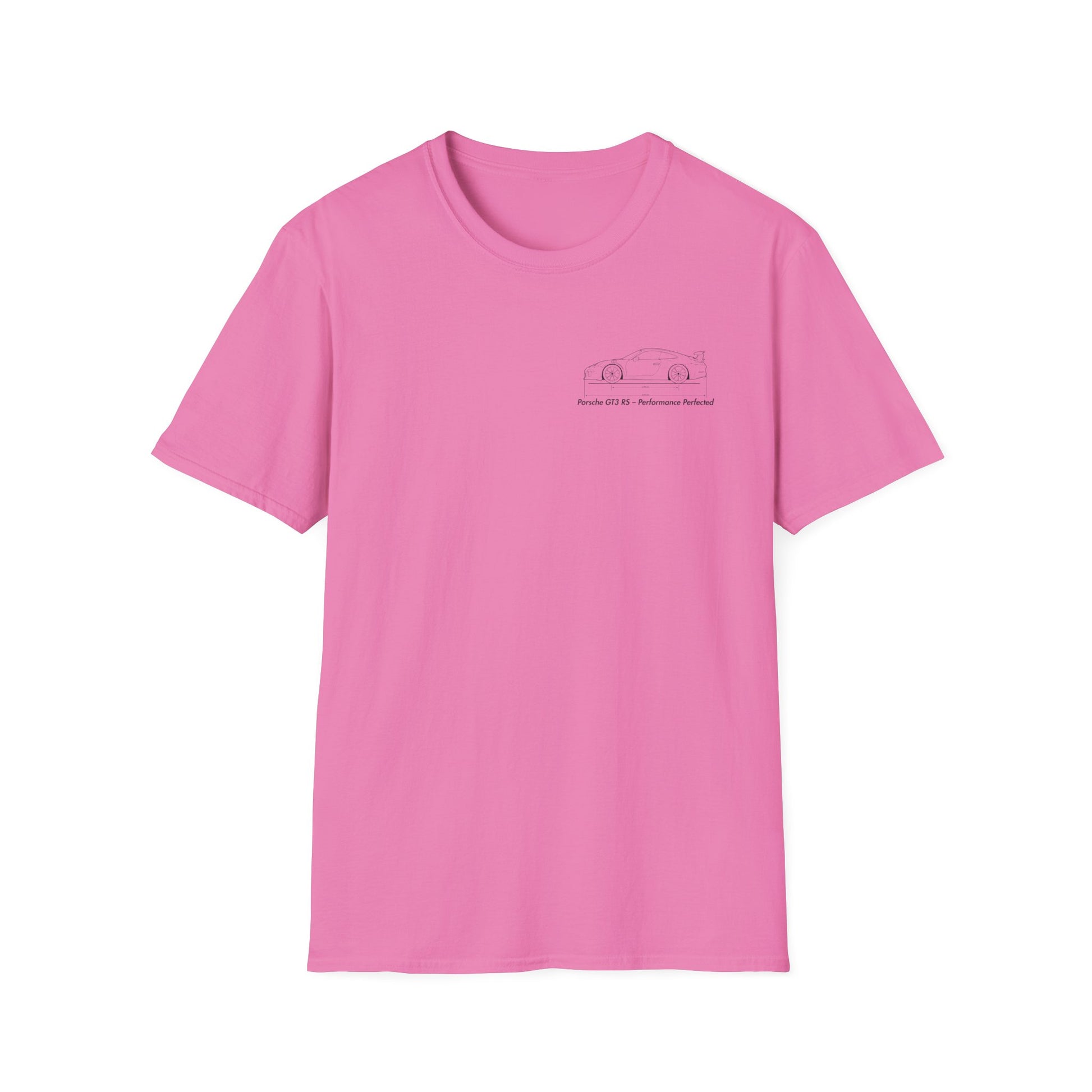Pink t-shirt with a small graphic on a white background