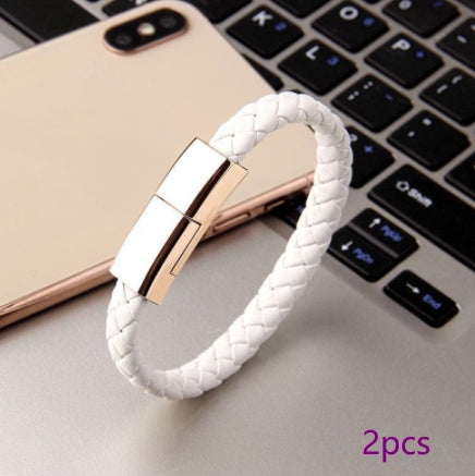 Leather Bracelet Charging Cable – USB Type-C / Lightning / Micro-USB Data Cable (20–22.5cm)