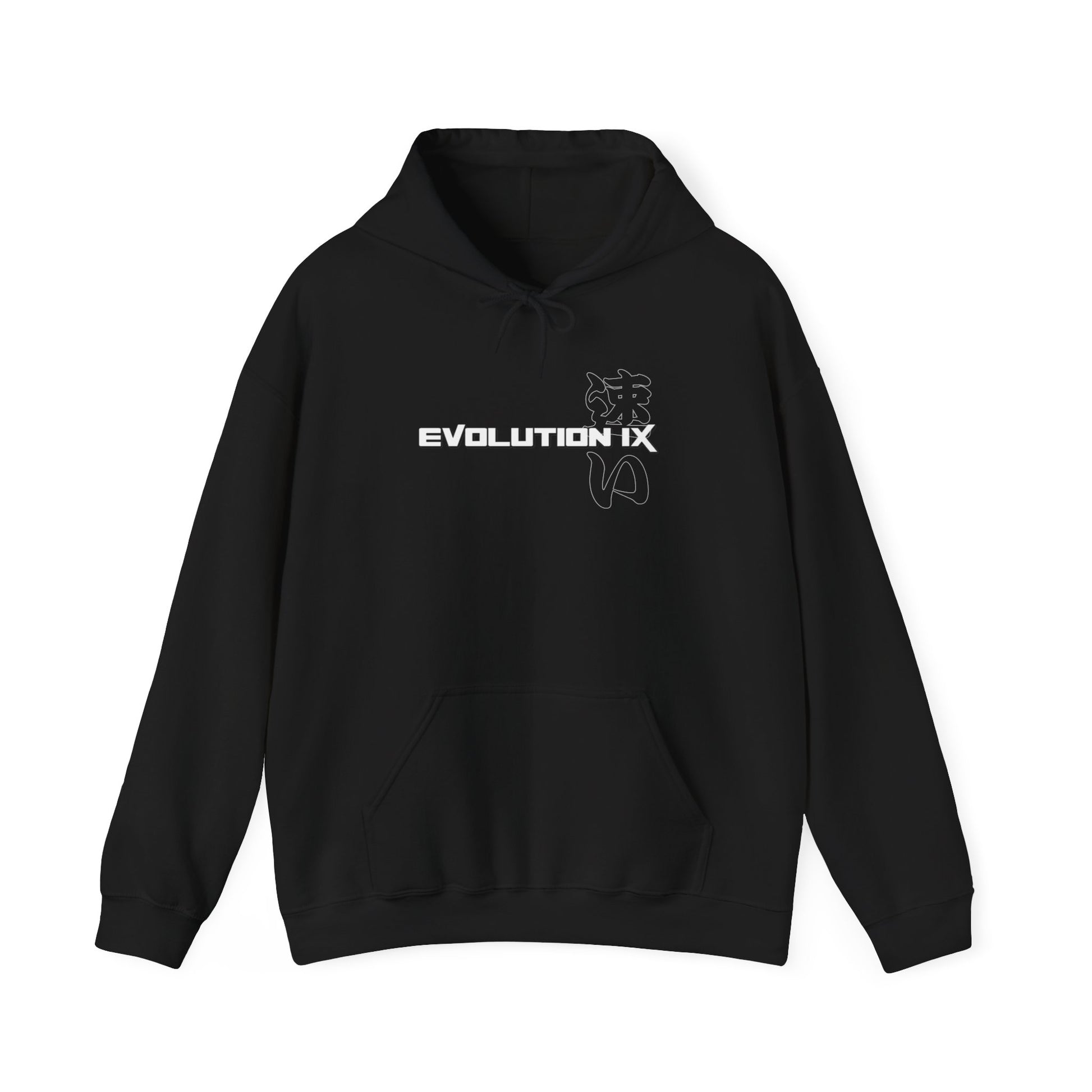 Black hoodie with 'Evolution IX' text and logo on a white background