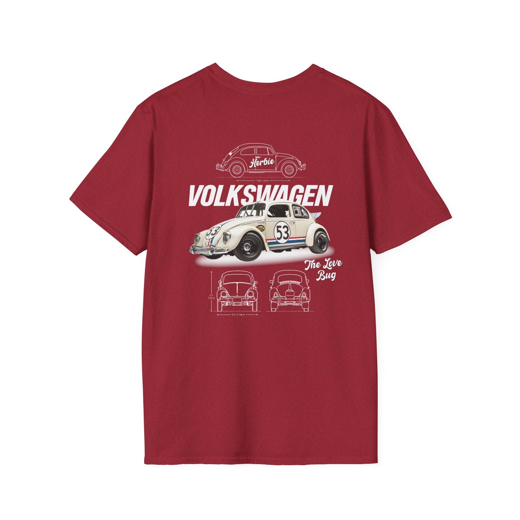 Red t-shirt with Volkswagen Beetle graphic on a white background