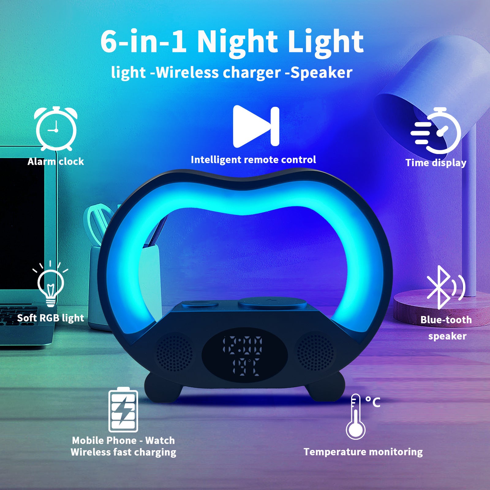 2025 New 6-in-1 Smart Bluetooth Charging Station – Wireless Charger, Speaker, Clock & RGB Lamp