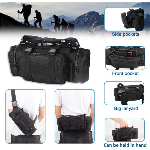 Black tactical bag with various compartments and features, set against a mountainous landscape.