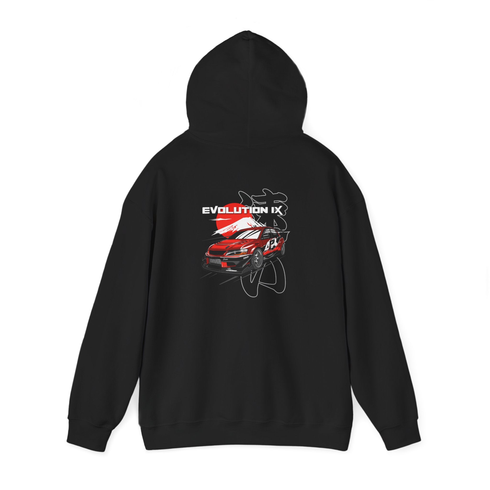 Black hoodie with a car graphic and 'Evolution IX' text on the back against a white background