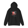 Black hoodie with a car graphic and 'Evolution IX' text on the back against a white background