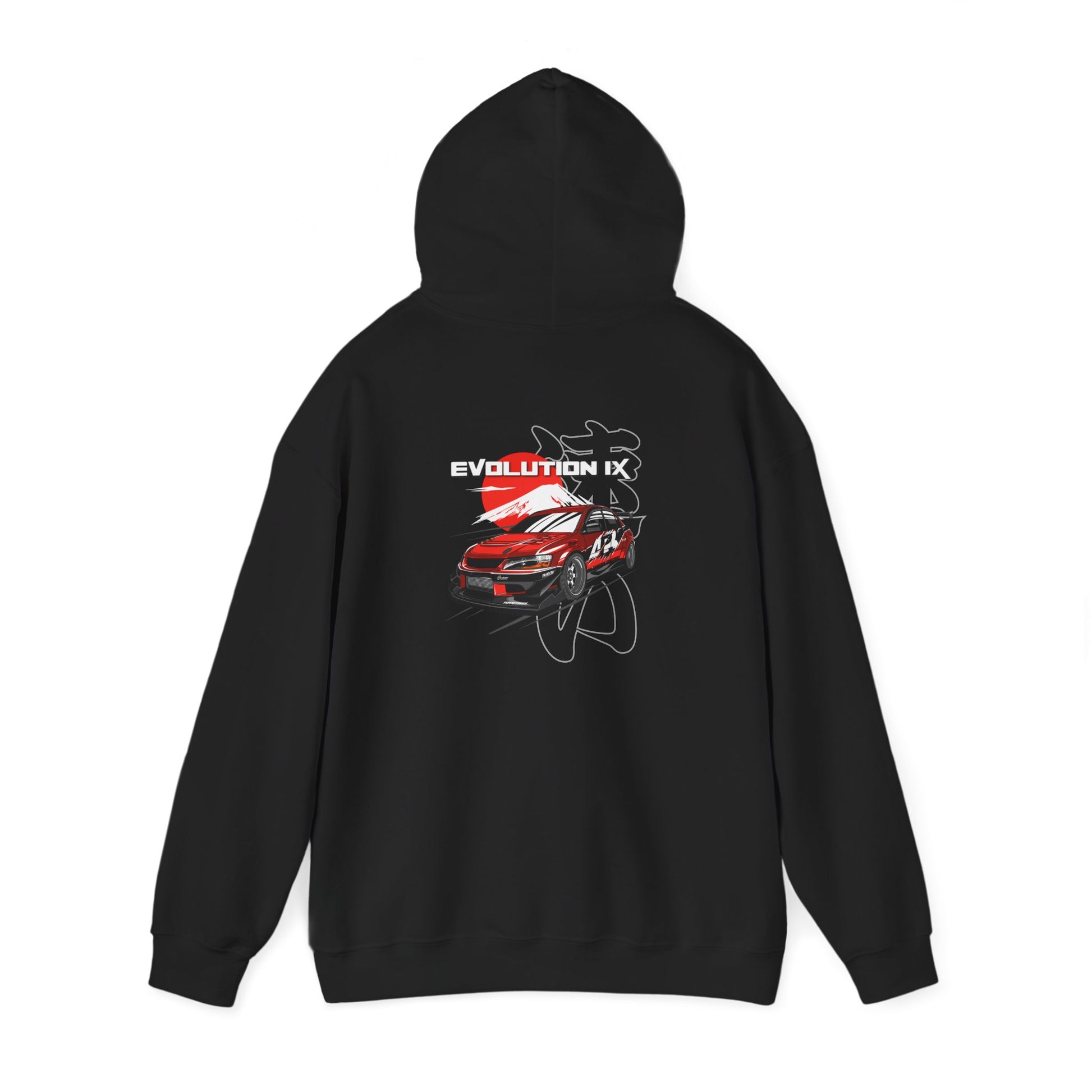 Black hoodie with a car graphic and 'Evolution IX' text on the back against a white background