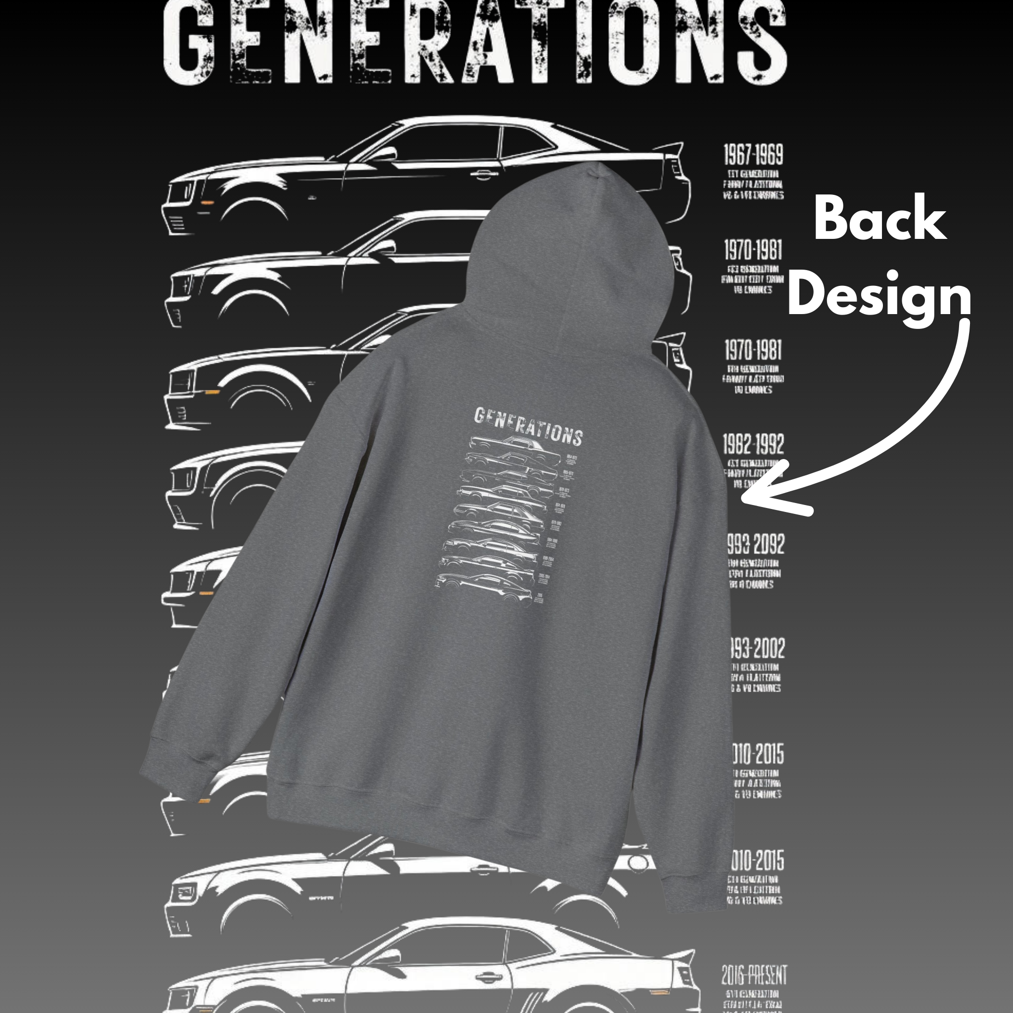 Ford Mustang Generations Hoodie • Muscle Car Evolution Pullover • Classic to Modern Pony Car Sweatshirt